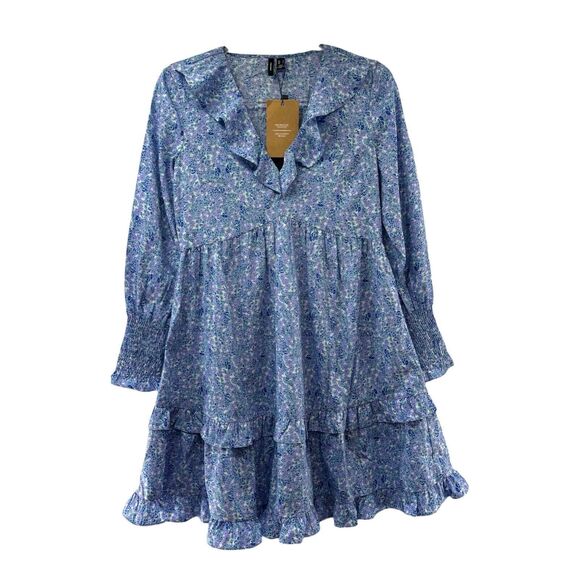 Vero Moda Henna Dress Womens Small Floral Ruffle Long Sleeve Mini Sundress NWT - Picture 1 of 16